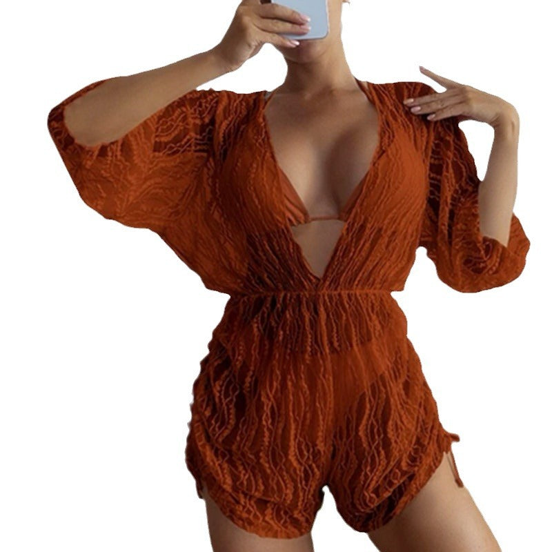 Mesh Corset One-Piece Swimsuit High-Waisted Drawstring Three-Piece Bikini