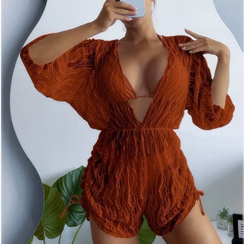 Mesh Corset One-Piece Swimsuit High-Waisted Drawstring Three-Piece Bikini
