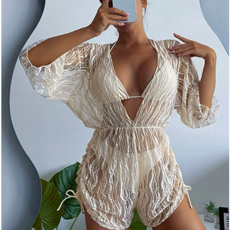 Mesh Corset One-Piece Swimsuit High-Waisted Drawstring Three-Piece Bikini