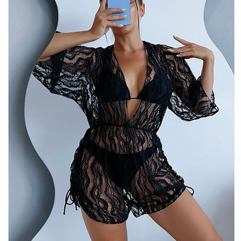 Mesh Corset One-Piece Swimsuit High-Waisted Drawstring Three-Piece Bikini